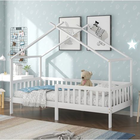 Letto per bambini in legno massello bianco 90x200 cm con struttura a casetta, rete a doghe e barriera di sicurezza (1/4)