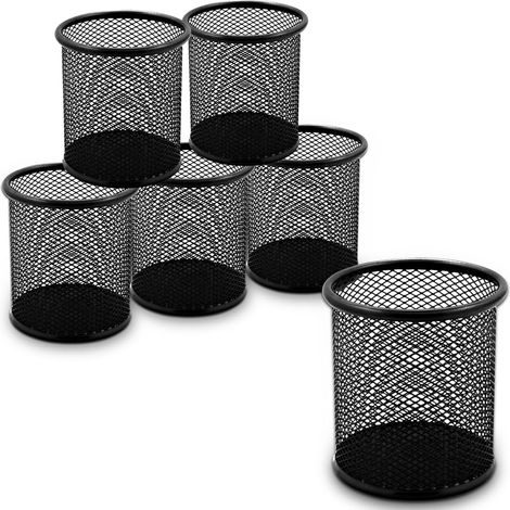 Lot de 6 Porte-stylos Métal Maille Noir, Cylindrique Robuste, Pour Bureau École Atelier