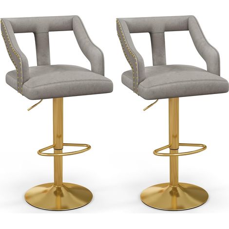 COSTWAY Tabourets de Bar Velours Lot de 2, Chaise de Bar Pivotants avec Repose-Pieds, Hauteur Assise Réglable 63-85 cm, Cadre en Métal, Chaise Haute pour Îlots de Cuisine, Bistro (Gris) (1/5)