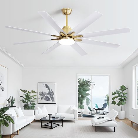 Ventilador de techo inteligente LED Sofucor de 167,5 cm, diseño moderno, para interiores y exteriores, con mando a distancia y aplicación - Dorado y blanco (1/5)