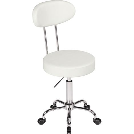 Tabouret à roulettes pivotant, hauteur réglable, simili cuir avec dossier pour spa, bureau, tatouage, blanc (1/5)