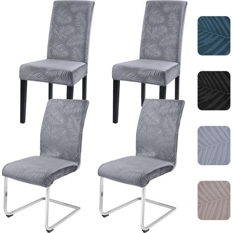 Stuhlhussen 4er Set, universell, elastisch, kurzflor, Blattmuster, Hellgrau (1/5)
