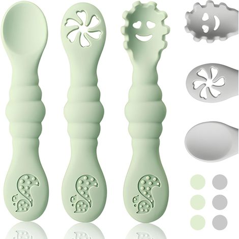 Cuillère - Lot de 6 - Silicone - Apprentissage Alimentaire - Bébé et Nourrisson - Vert et Gris (1/5)