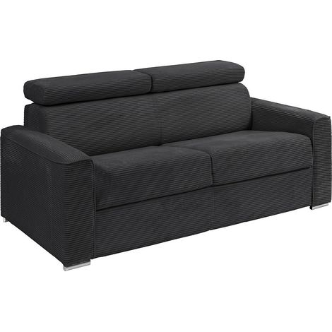 Canapé 3 places convertible express en velours côtelé gris avec assise mémoire de forme - Couchage 140 cm - Matelas 18 cm VIZIR
