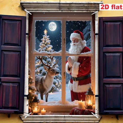Bannière de Noël à suspendre à la fenêtre, décoration festive, toile de fond bonhomme de neige et Père Noël pour les fêtes de fin d'année - 80 x 120 cm (polyester) - 24