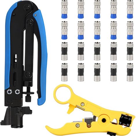 Pince à sertir RG59/RG6 avec connecteurs à compression 20 F pour câbles satellite et coaxiaux, kit de sertissage pour câbles coaxiaux, pince à dénuder avec connecteurs 20 F. (1/5)