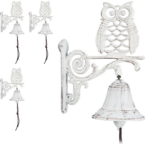 Relaxdays 4x Cast Iron Door Bells, Owl, Antique Design, with Cord, Weatherproof, Garden Decoration, 26.5x19x11 cm, White