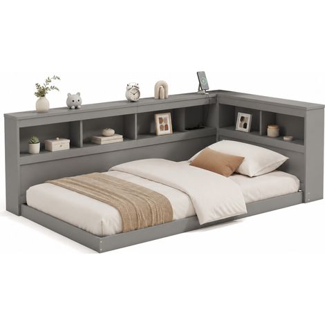 Divano letto 90 x 200 cm con presa di corrente e 2 porte USB, letto daybed con rete a doghe, ripiani laterali e struttura in pannello truciolare e MDF, grigio  CHICFURN (1/5)