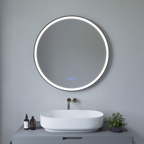 AQUABATOS Rund Badspiegel mit Beleuchtung Badezimmerspiegel LED Wandspiegel Beschlagfrei 3 Lichtfarben Temperatur Dimmbar 80 x 80 cm schwarzer Lichtspiegel mit Touchschalter (1/5)