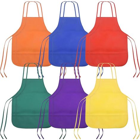 Lot de 12 tabliers pour enfants (6 couleurs différentes), tabliers de peinture et blouses d'art avec 2 poches spacieuses pour la cuisine et la salle de classe (pinceaux non inclus). (1/5)
