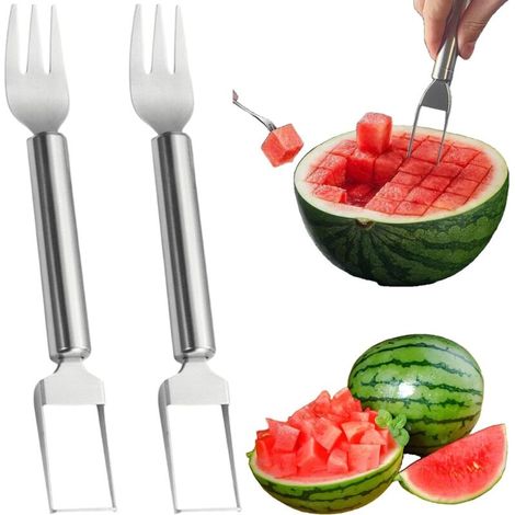 Forchetta per tagliare l'anguria 2 in 1, affettatrice per anguria in acciaio inossidabile da 2 pezzi, tagliafrutta portatile, utensile da cucina ideale per campeggio, picnic e casa. (1/4)