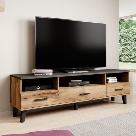 Meuble TV décor chêne et noir mat 180 cm Colin (1/4)