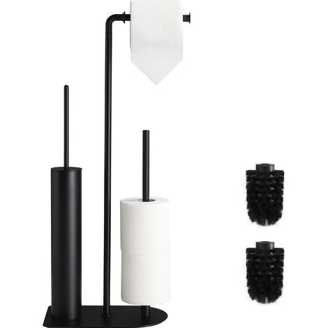Porte Papier Toilette avec Porte-Brosse et Rangement, Porte Rouleau Papier Toilettes Salle de Bain, Porte Papier sur Pied Toilettes Nickel brossé résistant à la Rouille sans perçage (Noir) (1/5)