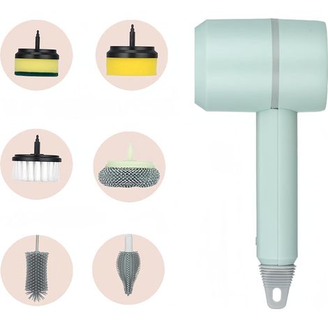 Brosse de nettoyage électrique rotative multifonctionnelle sans fil à 360° avec 6 têtes de brosse interchangeables, pour cuisine, salle de bain, douche, baignoire, vitres et voiture. (1/5)