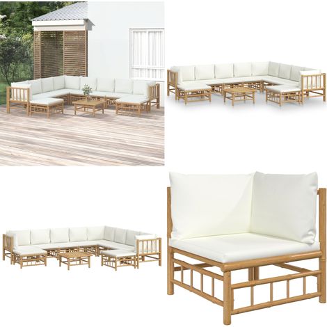 Set de muebles de jardín 11 piezas bambú y cojines blanco crema - Muebles de exterior - Sofás de jardín