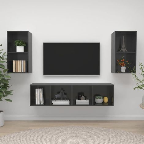 vidaXL Muebles de salón de pared 4 pzas madera ingeniería gris brillo (1/5)