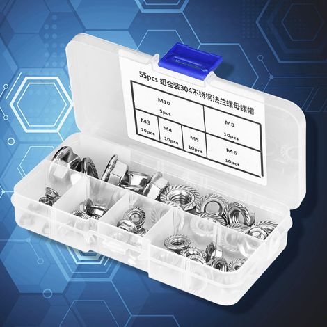 Écrous hexagonaux à embase en acier inoxydable, lot de 55 pièces, filetage M3/M4/M5/M6/M8/M10 (1/5)