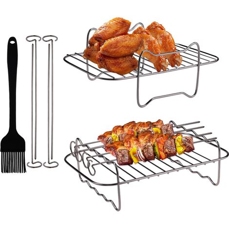 Grille pour friteuse à air en acier inoxydable en deux parties, accessoire pour friteuse à air double couche de 20 cm, grille pour friteuse à air avec 4 brochettes (1/5)