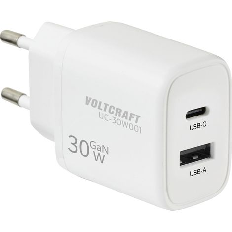 VOLTCRAFT UC-30W001 Chargeur USB 30 W 1x USB-A, 1x USB-C® Fast Charge, Power Delivery 3.0 blanc GaN (1/5)