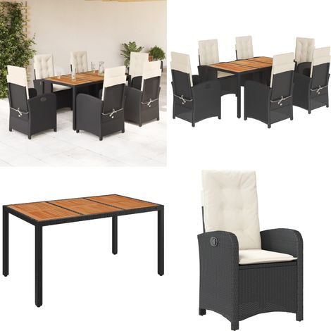 Set da Pranzo da Giardino 7 pz Nero con Cuscini in Polyrattan - Sedie da giardino reclinabili - Tavolo da giardino