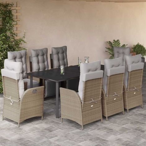 9-tlg. Garten-Essgruppe mit Kissen Beigemischung Poly Rattan