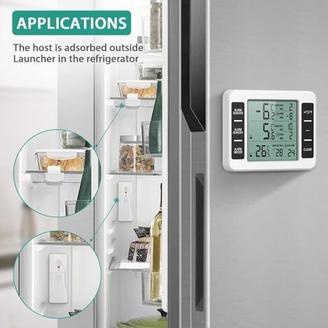 Kühlschrank-Gefrierschrank-Thermometer, kabelloses Kühlschrankthermometer mit 2 Sensoren, akustischem Alarm, Min/Max-Funktion für Küche und Restaurant (1/4)