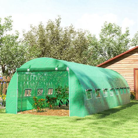 Serre de jardin tunnel 24m² 8L x 3l x 2H m - 16 fenêtres. Porte zippée enroulable acier galvanisé. bâche PE. Vert