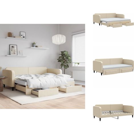 Lit de jour avec gigogne et tiroirs crème 90x200 cm tissu - Canapé Convertible - Lit D'appoint - Literie - Meuble Multifonctionnel - Rangements Intégrés (1/5)