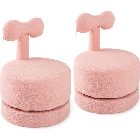 Lot de 2 Chaises Pivotantes 360° pour Enfants en Velours Teddy avec Dossier en Nœud et Siège Rembourré en Mousse, Patins Anti-Rayures, Rose