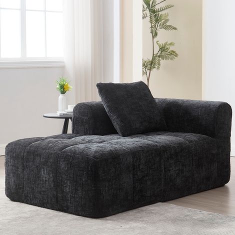 Tumbona de 158 x 90 x 60 cm - Sofá de 1 plaza mullido con cojín y bolsillos laterales - Chenilla negra (1/5)