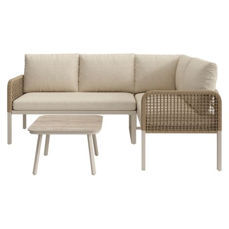 Garden Set with Wood-look Tempered Glass Table, Convertible 4 Seater Polyester Rope Conversation Set with Sofa and Armchairs, Weatherproof Outdoor Patio Corner Sofa for Balcony and Terrace,Beige
