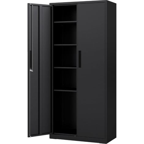 Mobiletto portaoggetti in metallo a 2 ante 80 x 40 x 180 cm sicuro con 4 ripiani regolabili stile moderno acciaio nero 200015973