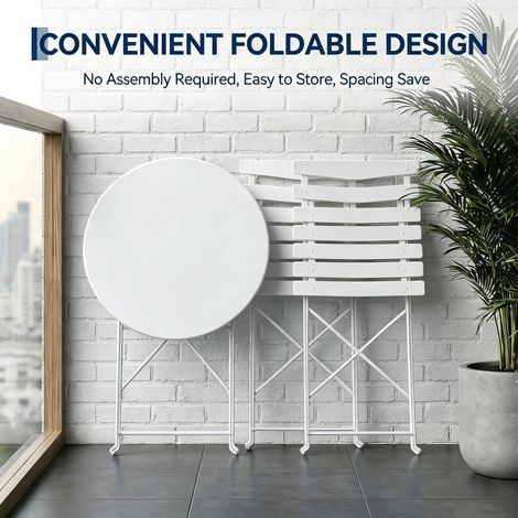 Foldable 3 Piece Bistro Conversation Set, Weather Resistant Indoor Outdoor Furniture, 1 Table Plus 2 Chairs for Garden, Patio, Yard, Balcony & Terrace