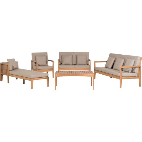 Ensemble de Jardin ou Terrasse Marron Clair Table Basse 2 Canapés Fauteuil et Chaise Longue en Bois d'Acacia Robuste avec Coussins Gris Beiges Beliani