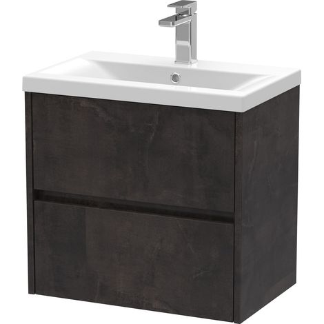 Square Wall Hung 2 Drawer Vanity Unit & Ceramic Basin, 600mm - Textured Matt Metallic Slate
