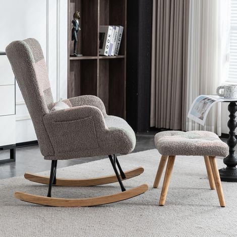 Chaise berçante multicolore haut 93 cm, largeur assise 43 cm, cadre caoutchouc, livrée repose-pieds et coussin lombaire (1/4)