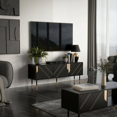 Mueble de TV Perito, aparador de salón con tres puertas batientes y dos compartimentos interiores, elevado del suelo, 154x40 h55 cm, negro y dorado (1/4)