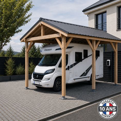 Carport camping car 2 pentes en bois douglas 24 m², 6 poteaux. Abri voiture extérieur. Garantie 10 ans. (1/5)