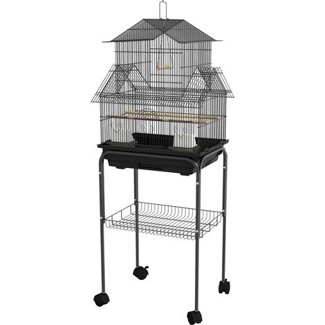 Cage à oiseaux design avec mangeoires en forme de maisonnette, perchoirs, 3 portes, bac à déjections amovible et poignée de transport noire