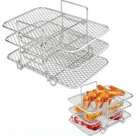 Support empilable à 3 niveaux pour friteuse à air, en acier inoxydable 304, adapté aux paniers de friteuse double, 19 x 12,5 x 11,5 cm (1/5)