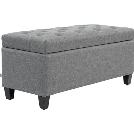 Banc coffre de rangement 100 cm en tissu gris clair avec assise capitonnée, banquette d'entrée et bout de lit avec coffre, pieds en bois – CHICFURN (1/5)