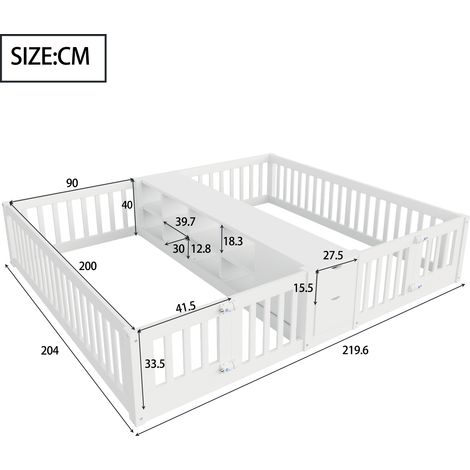 Lit enfant 90x200 cm avec tiroir et étagère à deux niveaux, sommier double haute sécurité, barrières de protection blanches, cadre en bois massif, lit mezzanine pour chambre d'enfant. (1/5)