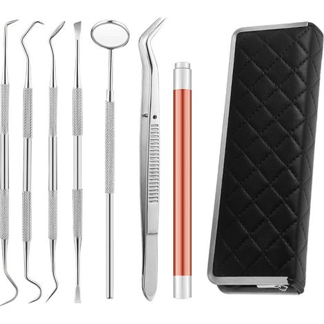 Ensemble de 7 outils dentaires - Outils de nettoyage des dents, miroir, cure-dents, pince à épiler et lampe à souder buccale, etc.