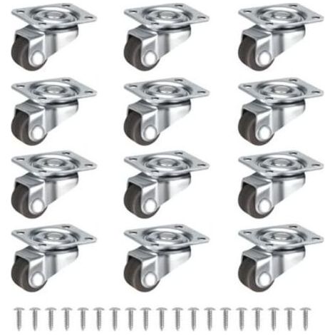 Lot de 12 petites roulettes pivotantes à 360° de 12 mm, silencieuses, pour petits meubles, tables, armoires, chariots, avec vis, marron. (1/4)