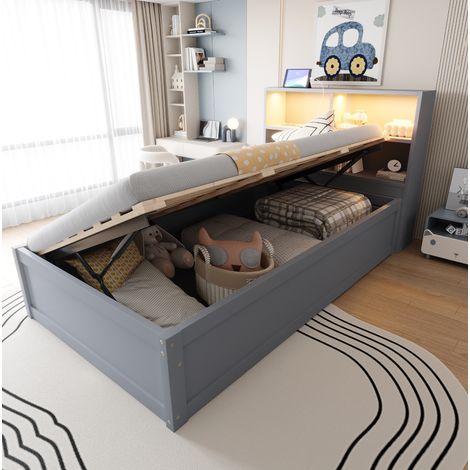 Schlafsofa Holz Grau 90x200 cm mit 4 Staufächern, LED-Lichtleiste und integrierter Steckdose (1/5)