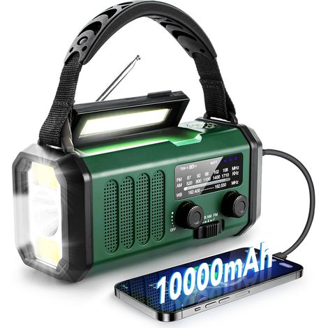 Radio météo d'urgence, meilleure batterie portable 10 000 mAh, manivelle, radios solaires AM/FM, chargeur de téléphone de type C, lampe de poche, lampe de lecture, boussole, alerte de survie SOS