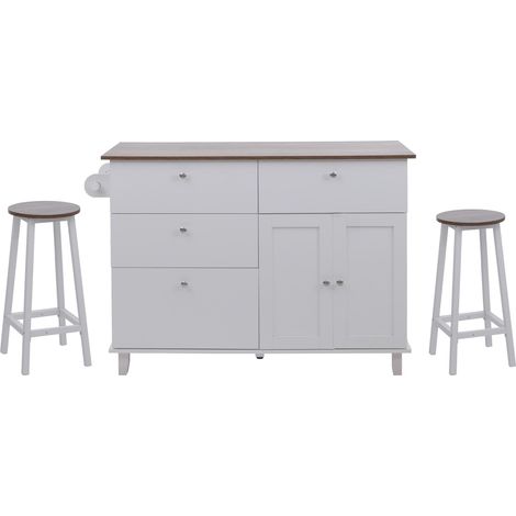 Îlot de cuisine HWC-P62 avec 2 tabourets, armoire de cuisine, tiroir, compartiments de rangement, MDF, 90 x 131 x 47 cm- (1/5)