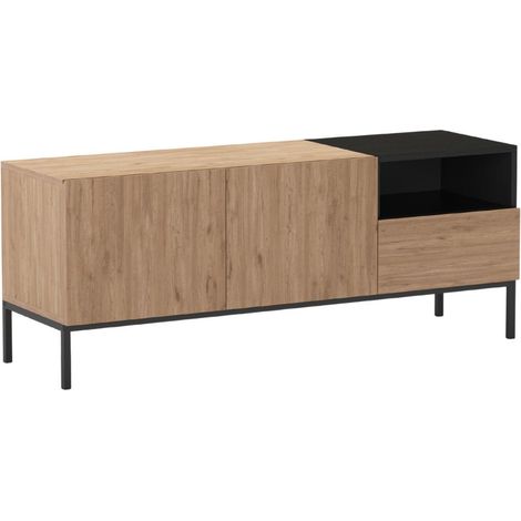Meuble TV 2 portes en mélaminé imitation bois et noir piètement métal laqué noir - CALLAS (1/5)