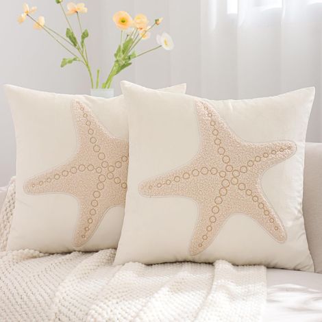 CCYKXALot de 2 Lot de 2 Housse de Coussin d'Été Étoile de Mer Brodées45x45cm Taie d'oreiller Océan Plage Décoration Brodée pour Jardin Balcon Canapé Chambre (1/5)