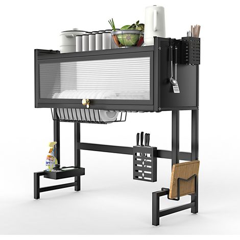 2‑stöckiger Geschirrständer über Spüle aus Karbonstahl mit Schiebetür, Haken und Ablagekorb, Rostfrei und Schwarz, Platzsparendes Küchenregal für Teller, Tassen und Utensilien – Stabil & Modern